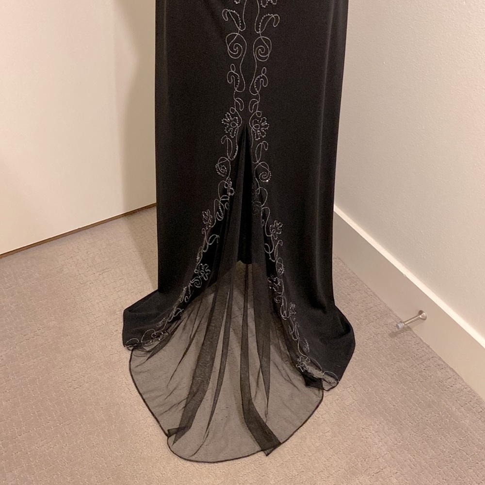 Black, spaghetti strap trumpet skirt dress with beaded accents